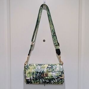 EUC Think Royln Life On The Fly Monstera Print Crossbody Puffer Bag